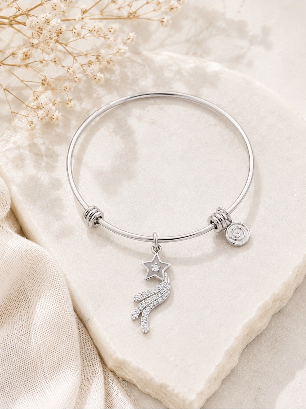 Love This Life Inspire CZ Shooting Star Charm Bracelet Silver Expandable NWT
